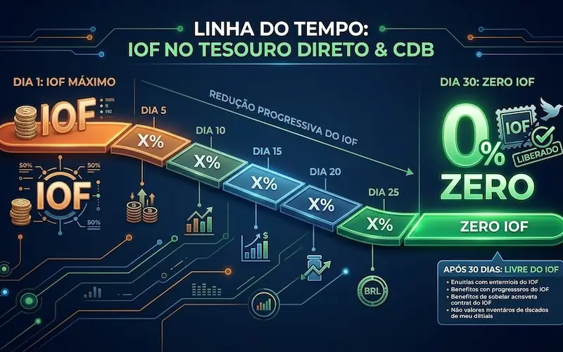 Linha do tempo mostrando a cobrança regressiva do IOF no Tesouro Direto nos primeiros 30 dias de investimento