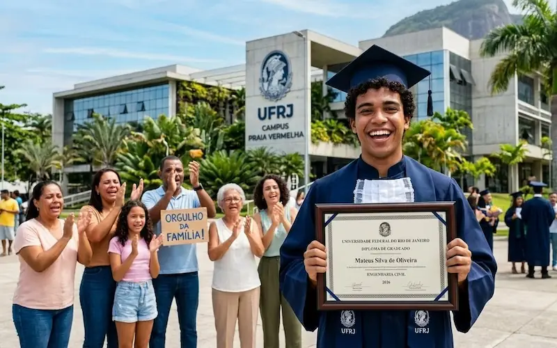 Jovem brasileiro conquistando diploma universitário graças ao investimento do Tesouro Direto Coletivo feito pela família