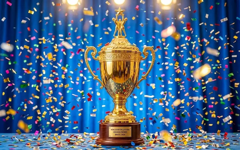 celebração de prêmio milionário com confetes e troféu dourado