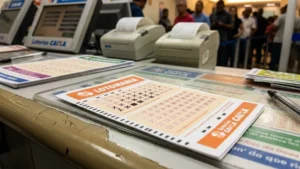 volante da Lotomania com cinquenta números marcados em lotérica brasileira