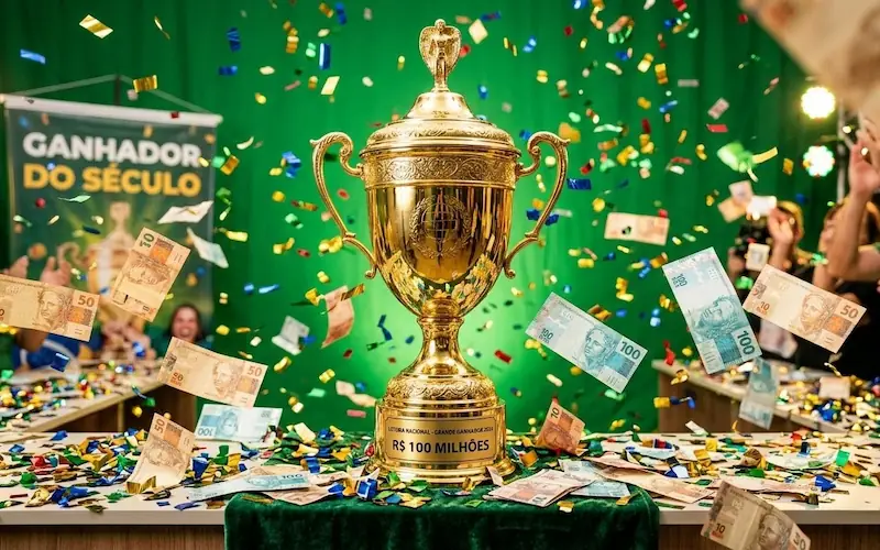 troféu dourado celebrando os maiores prêmios da história da Mega-Sena