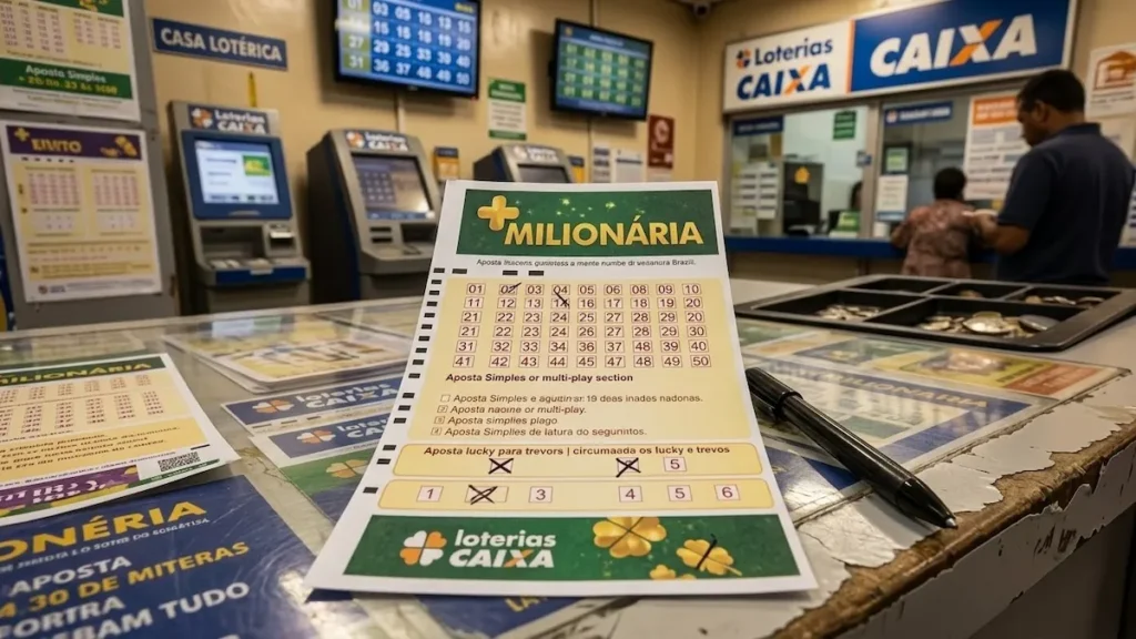 volante da +Milionária com números e trevos marcados em lotérica brasileira