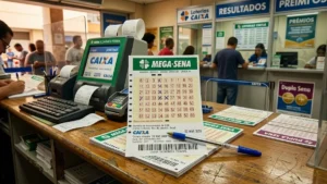 volante da Mega-Sena com números marcados em lotérica brasileira