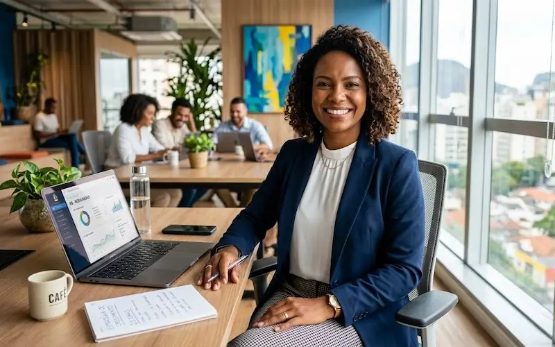 Mulher brasileira empoderada e confiante no ambiente de trabalho representando a conquista da igualdade de gênero