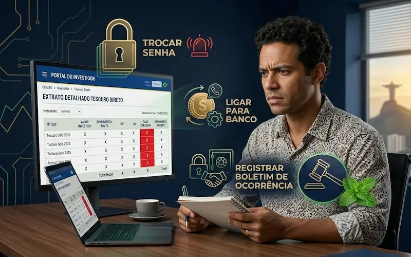 Ilustração do que fazer ao cair em golpe na internet incluindo trocar senhas contatar banco e registrar boletim de ocorrência