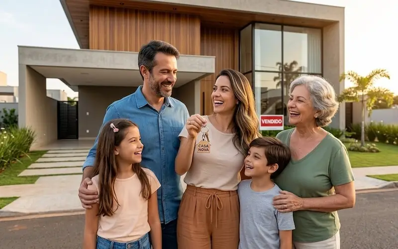 Família brasileira feliz segurando chaves de casa nova representando objetivo financeiro alcançado com Tesouro Direto