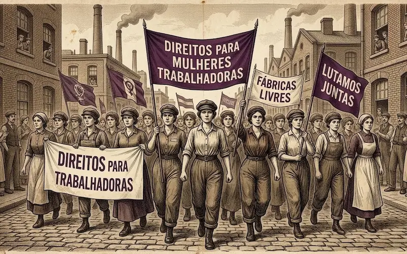 Ilustração histórica de operárias marchando no início do século XX nas origens do Dia Internacional da Mulher