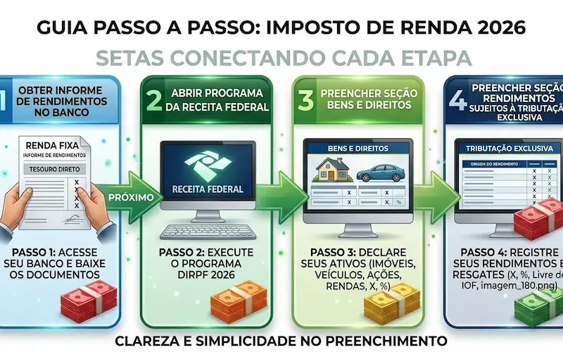 Ilustração do passo a passo para declarar o Tesouro Direto no programa da Receita Federal em quatro etapas simples