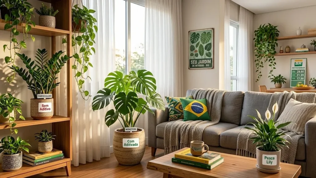 plantas que não precisam de sol decorando sala de apartamento com luz indireta