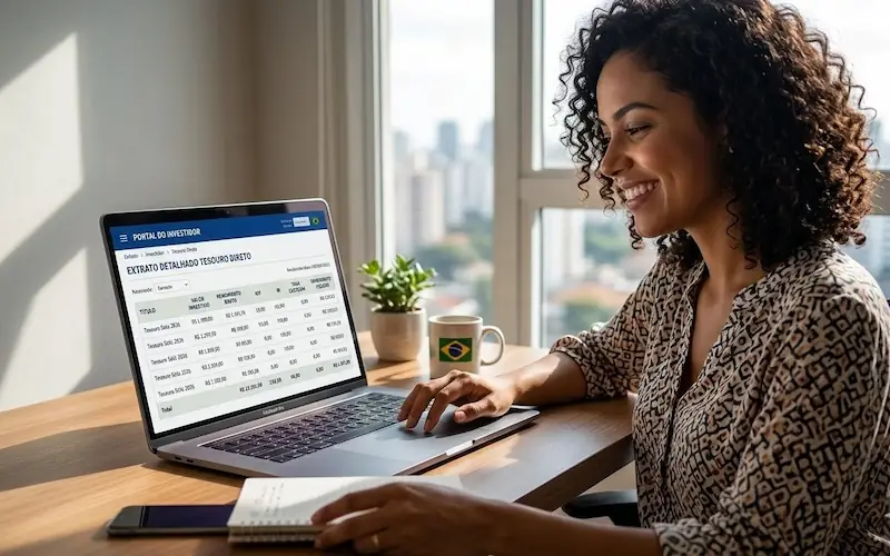 Pessoa acessando o Portal do Investidor do Tesouro Direto para acompanhar extrato com impostos taxas e rendimentos líquidos