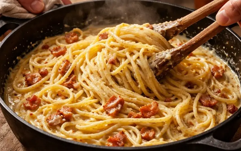 Preparo do molho cremoso da carbonara misturando espaguete quente com ovos e queijo na frigideira
