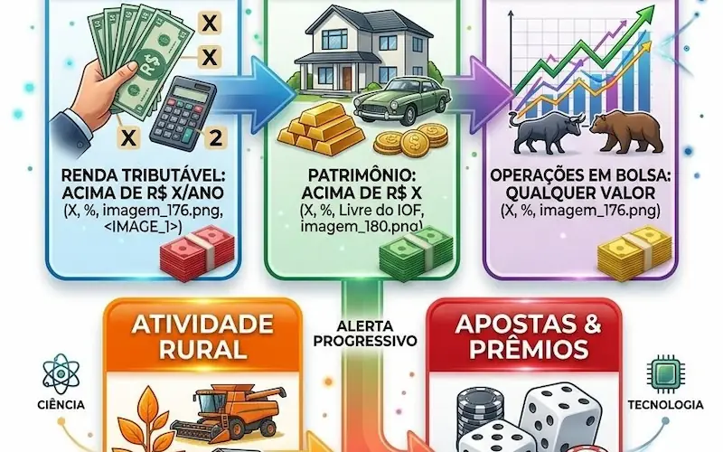 Infográfico dos critérios de obrigatoriedade da declaração do Imposto de Renda 2026 incluindo renda bens bolsa de valores e apostas