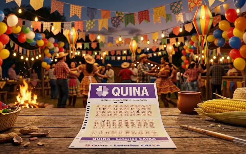 decoração junina colorida com bandeirolas e balões celebrando a Quina de São João