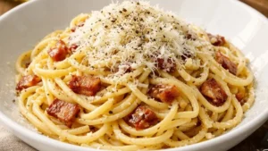 Prato de espaguete à carbonara autêntico cremoso com bacon dourado queijo parmesão e pimenta-do-reino