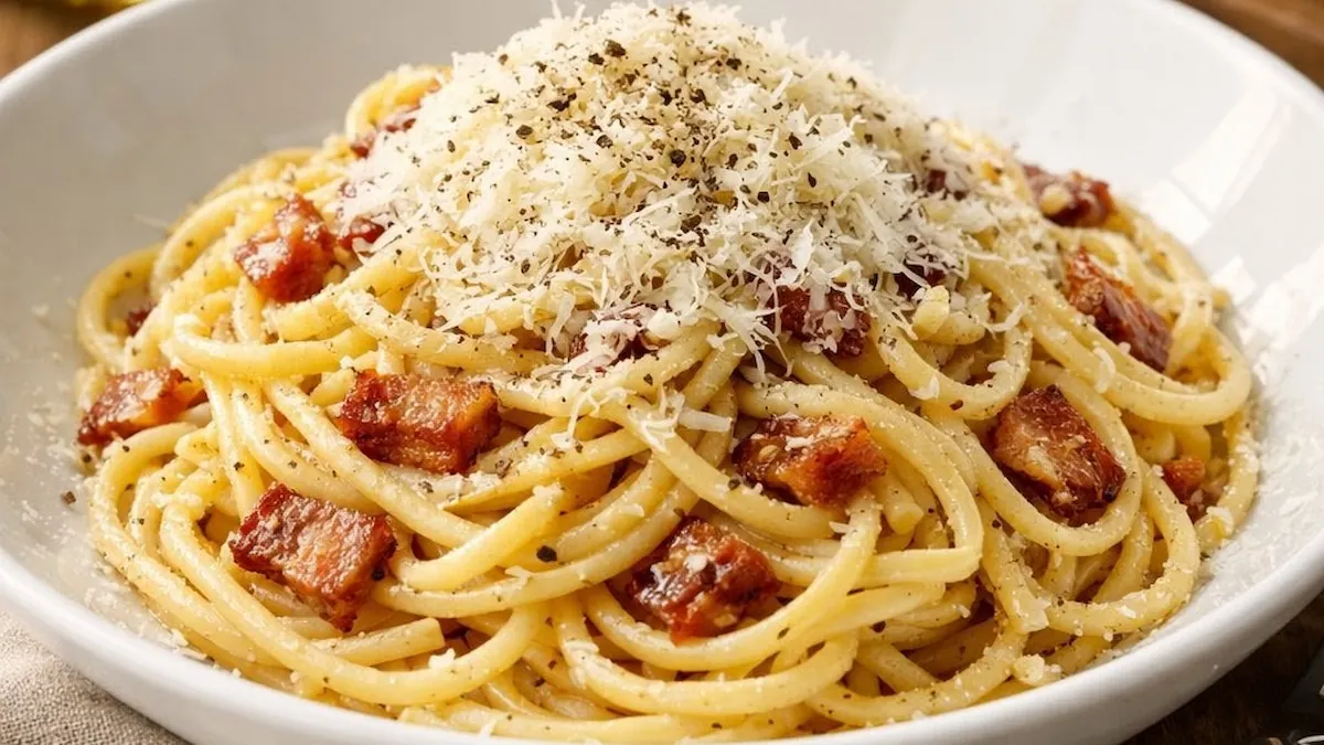 Prato de espaguete à carbonara autêntico cremoso com bacon dourado queijo parmesão e pimenta-do-reino