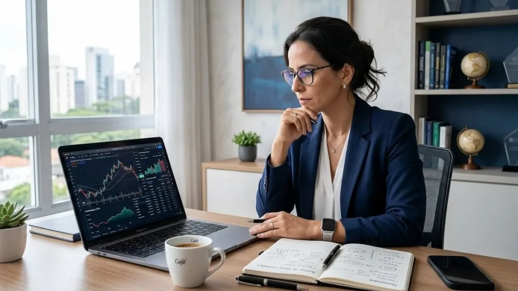 Investidor analisando gráficos do Tesouro Direto no notebook avaliando riscos do resgate antecipado