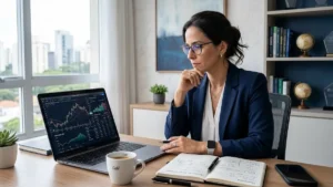 Investidor analisando gráficos do Tesouro Direto no notebook avaliando riscos do resgate antecipado