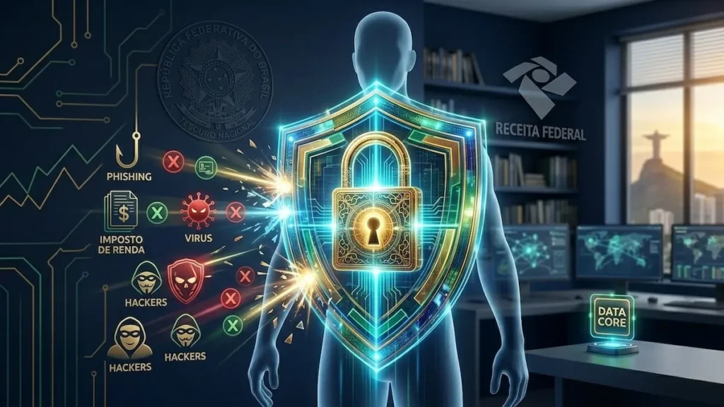 Ilustração de escudo de segurança digital protegendo contra golpes na internet e ameaças cibernéticas