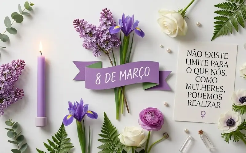 Composição com flores roxas brancas e verdes simbolizando as cores oficiais do Dia Internacional da Mulher