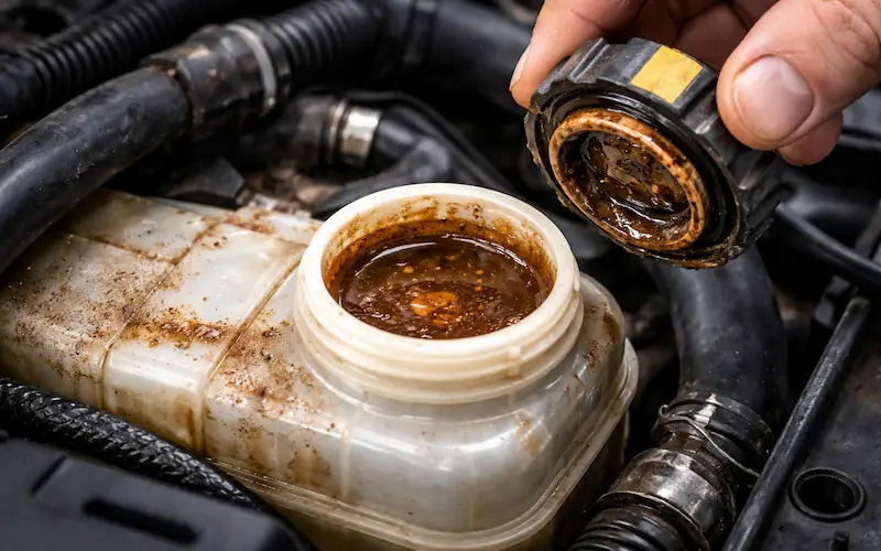 líquido marrom enferrujado no reservatório do radiador indicando necessidade de troca