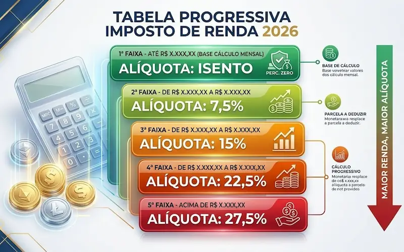 Infográfico da tabela progressiva do Imposto de Renda 2026 com faixas de alíquotas de isento até 27,5 por cento