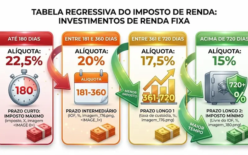 Infográfico da tabela regressiva do Imposto de Renda no Tesouro Direto mostrando alíquotas de 22,5 a 15 por cento conforme o prazo