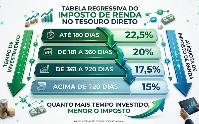 Tabela do Imposto de Renda regressivo no Tesouro Direto mostrando alíquotas de 22,5% até 15% conforme o prazo de investimento