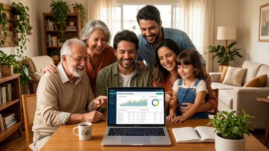 Família brasileira reunida investindo juntos no Tesouro Direto Coletivo para o futuro educacional das crianças