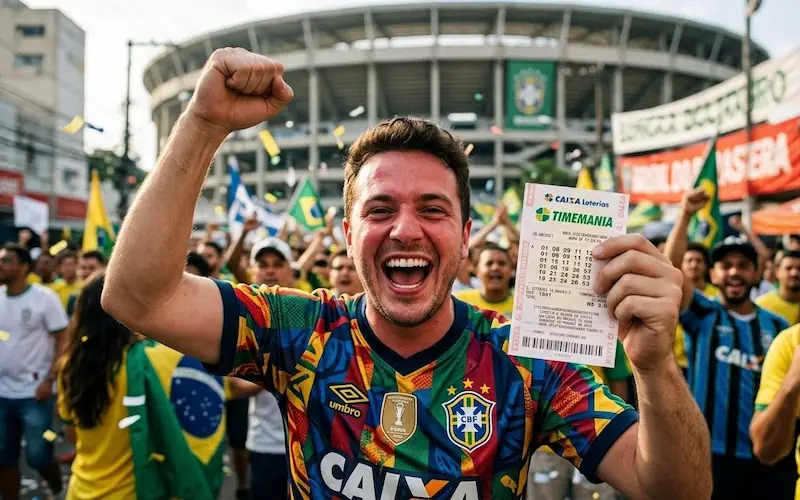 torcedor comemorando com camisa de time de futebol ao lado de bilhete de loteria
