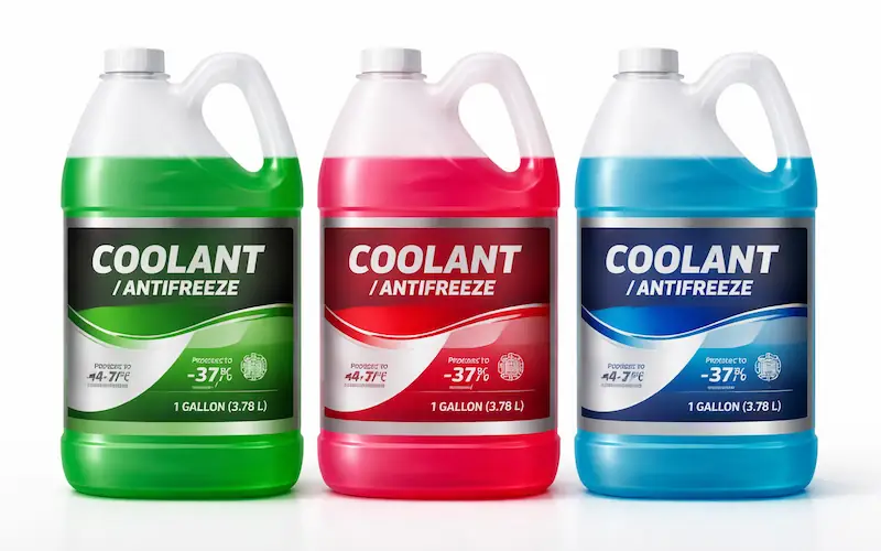 três frascos de aditivo para radiador nas cores verde, rosa e azul