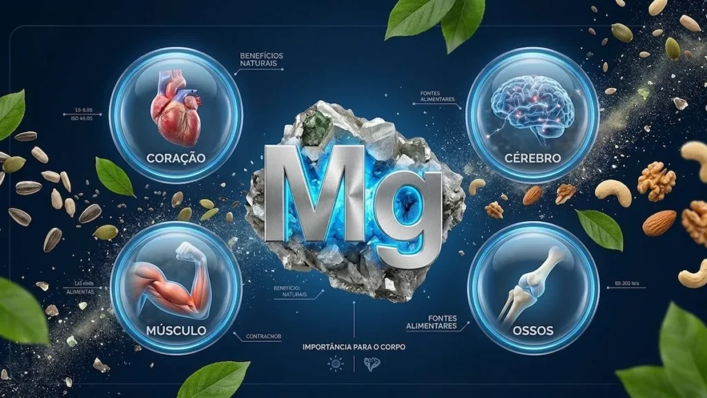 Ilustração mostrando o mineral magnésio e seus benefícios para circulação coração músculos e cérebro