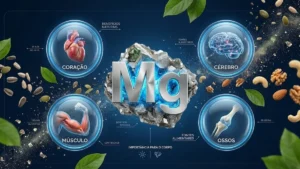 Ilustração mostrando o mineral magnésio e seus benefícios para circulação coração músculos e cérebro