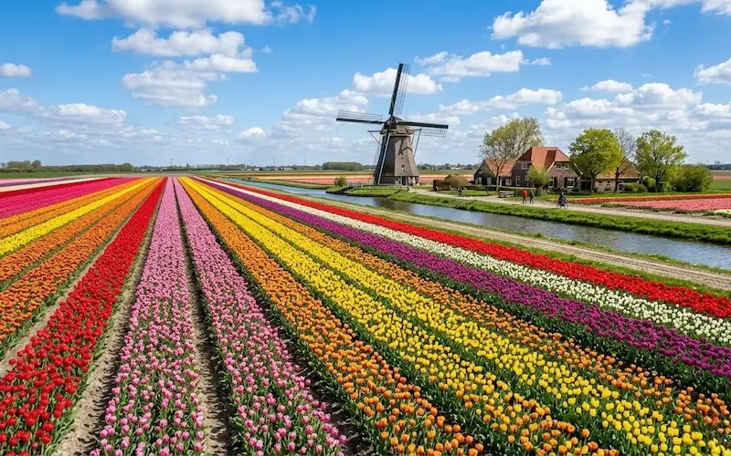Campo de tulipas coloridas com moinho de vento na Holanda, maior produtora mundial de tulipas