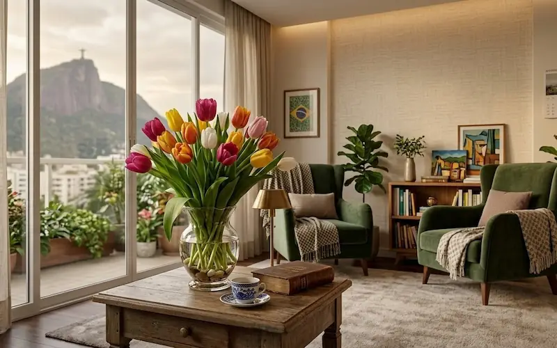 Vaso com tulipas coloridas em sala de apartamento brasileiro com vista para o Cristo Redentor ao fundo