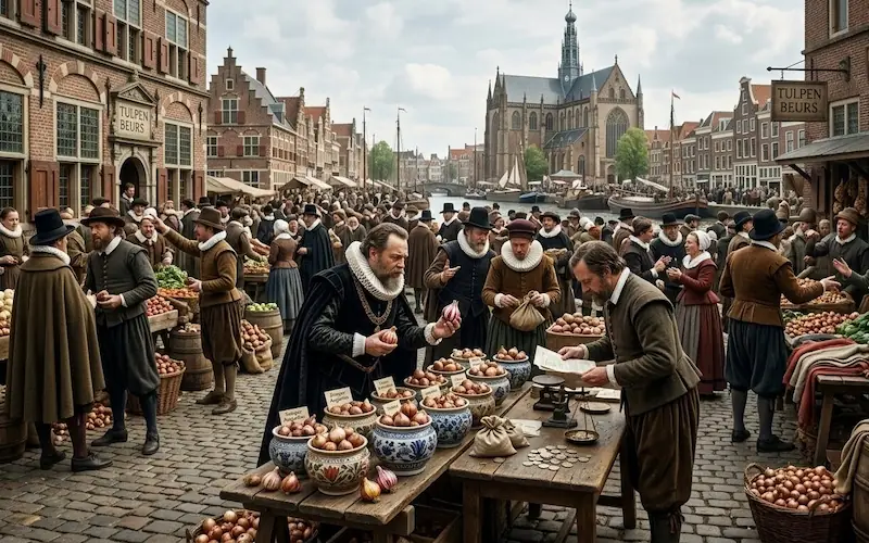 Mercadores holandeses negociando bulbos de tulipa em mercado público no século XVII durante a Tulipomania