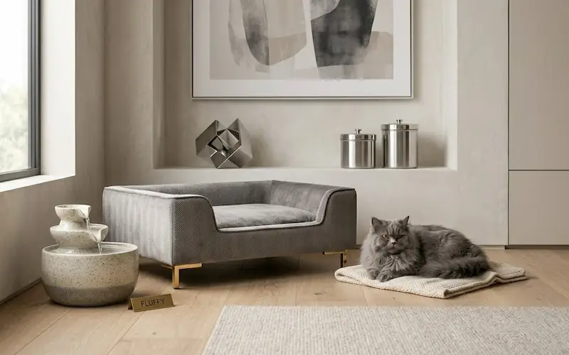 Cama de luxo e brinquedos interativos para um Gato Persa em um ambiente moderno.
