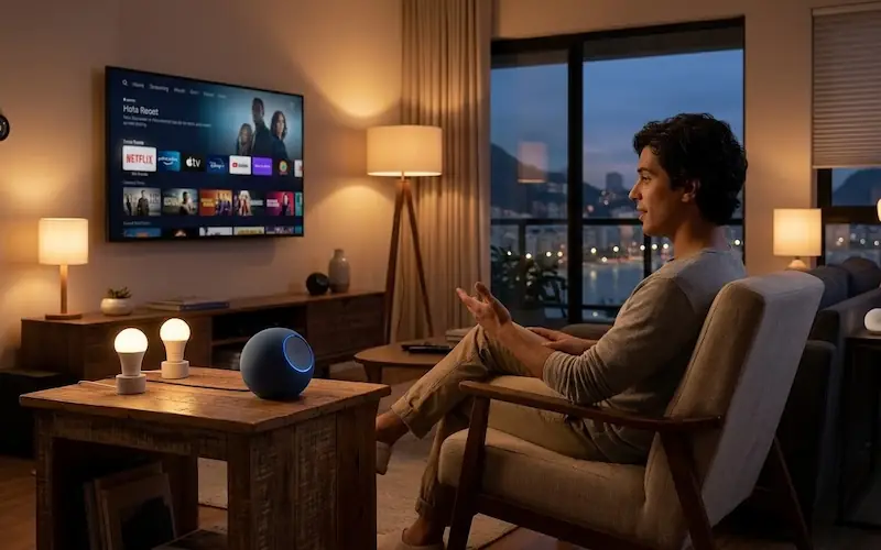 pessoa controlando luzes e dispositivos da casa com comando de voz para Alexa