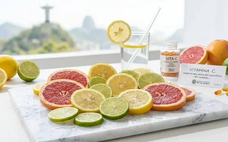 Alimentos e fontes naturais de Vitamina C para saúde.