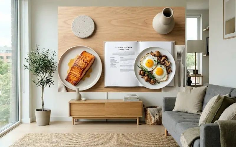 Seleção de alimentos saudáveis que contêm Vitamina D, como peixes e ovos.