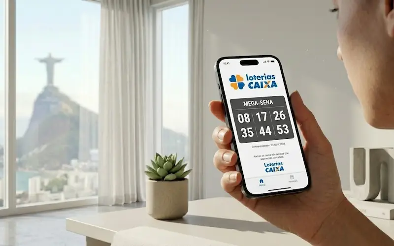 Mão segura smartphone com tela de aplicativo Loterias Caixa mostrando números sorteados.