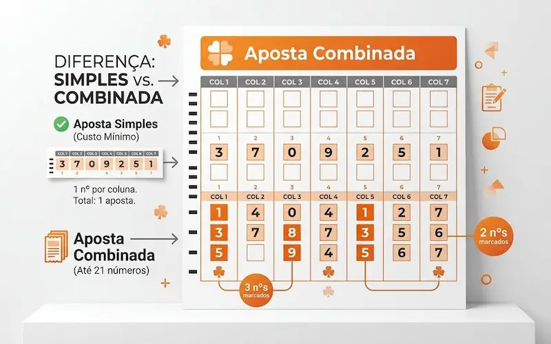 exemplo de aposta combinada no Super Sete com múltiplos números por coluna