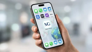 "Design de interface mobile em um iPhone destacando o ícone do projeto Mauro Gomes ao lado de aplicativos de notícias e mercado financeiro."