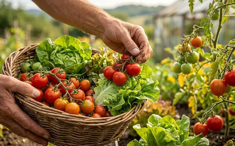 Mãos colhendo folhas de alface e tomates cereja de uma horta em casa.