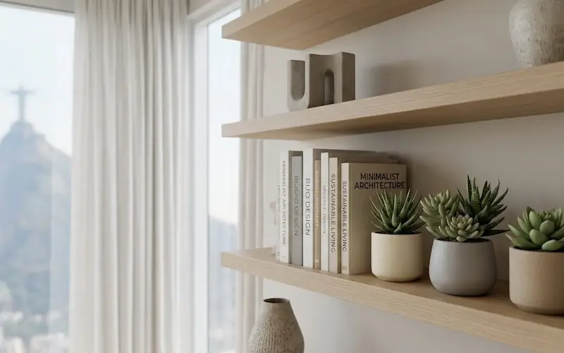 Estante decorada com pequenos vasos de suculentas artificiais e livros.