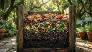 Sistema de compostagem por camadas em uma composteira de madeira no jardim.