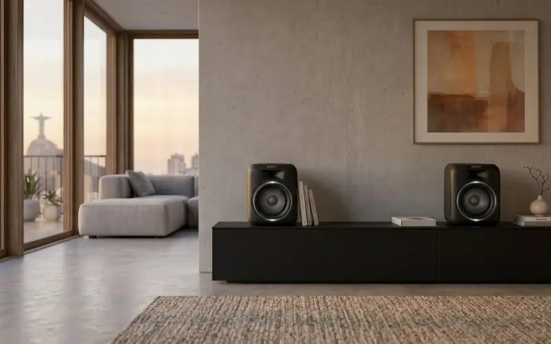 Duas caixas de som bluetooth pareadas via tecnologia TWS para som estéreo.