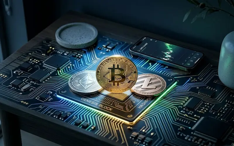 Moedas físicas de Bitcoin, Ethereum e Litecoin sobre placa de circuito com smartphone mostrando gráfico de velas financeira.