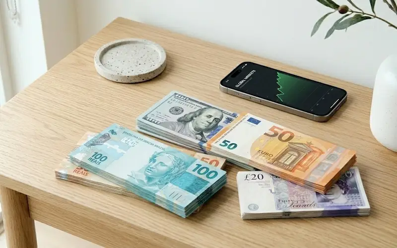 Cédulas de Real, Dólar e Euro sobre mesa com smartphone mostrando gráfico financeiro de cotação.