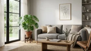 Sala de estar com decoração simples, sofá cinza e plantas naturais sob luz do sol.