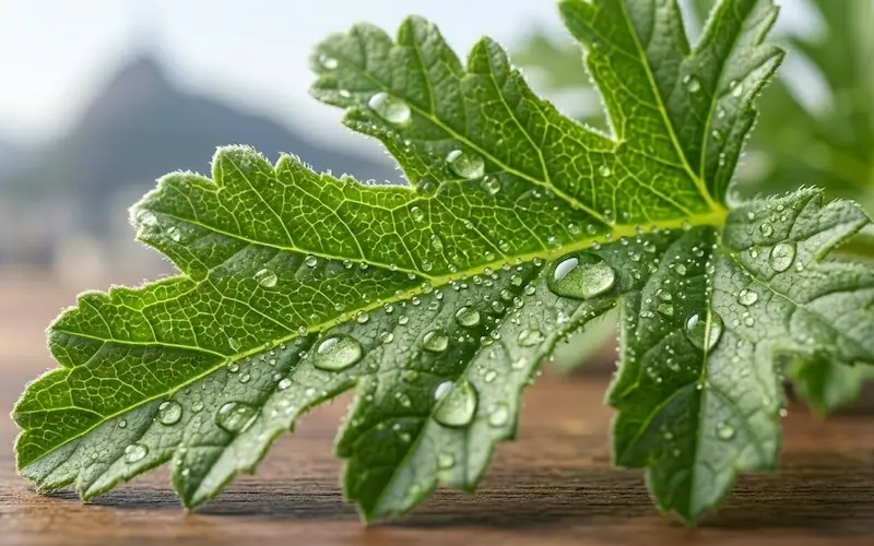 Close-up das glândulas de óleo essencial em uma folha de Citronela.